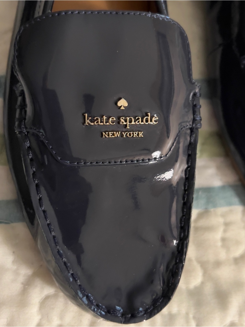 Kate Spade New York Navy Patent Leather Deck Loafers with Gold Logo - Picture 3 of 8